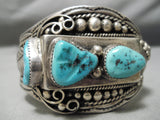 Heavy Thick 117 Gram Vintage Native American Navajo 1978 Turquoise Sterling Silver Leaf Bracelet-Nativo Arts