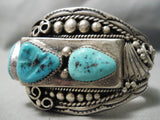 Heavy Thick 117 Gram Vintage Native American Navajo 1978 Turquoise Sterling Silver Leaf Bracelet-Nativo Arts