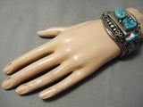 Heavy Thick 117 Gram Vintage Native American Navajo 1978 Turquoise Sterling Silver Leaf Bracelet-Nativo Arts