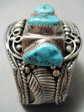 Heavy Thick 117 Gram Vintage Native American Navajo 1978 Turquoise Sterling Silver Leaf Bracelet-Nativo Arts