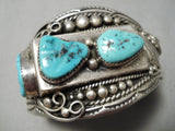 Heavy Thick 117 Gram Vintage Native American Navajo 1978 Turquoise Sterling Silver Leaf Bracelet-Nativo Arts