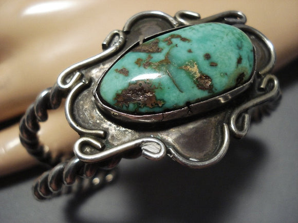 Heavy Thick Twist Wire Vintage Native American Jewelry Navajo Royston Turquoise Sterling Silver Bracelet-Nativo Arts
