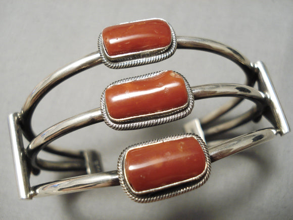 Heavy Thick Vintage Native American Navajo Chunky Red Coral Sterling Silver Bracelet-Nativo Arts