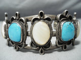 Heavy Thicker Vintage Native American Navajo Blue Gem Turquoise Pearl Sterling Silver Bracelet-Nativo Arts