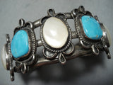 Heavy Thicker Vintage Native American Navajo Blue Gem Turquoise Pearl Sterling Silver Bracelet-Nativo Arts