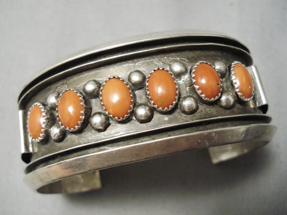 Heavy Thicker Vintage Native American Navajo Red Coral Domed Sterling Silver Bracelet Old-Nativo Arts