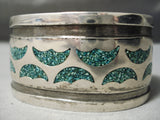 Heavy Vintage Native American Navajo Green Turquoise Sterling Silver Inlay Bracelet Old-Nativo Arts