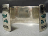 Heavy Vintage Native American Navajo Green Turquoise Sterling Silver Inlay Bracelet Old-Nativo Arts