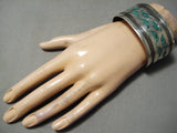 Heavy Vintage Native American Navajo Green Turquoise Sterling Silver Inlay Bracelet Old-Nativo Arts