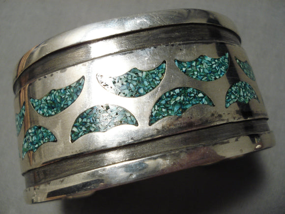 Heavy Vintage Native American Navajo Green Turquoise Sterling Silver Inlay Bracelet Old-Nativo Arts