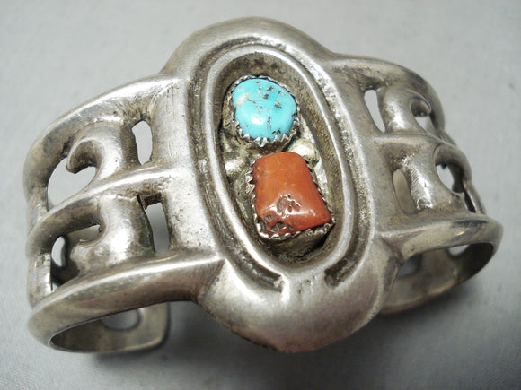 Heavy Vintage Native American Navajo Turquoise Chunk Coral Sterling Silver Bracelet-Nativo Arts
