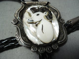 Highly Detailed Vintage Native American Navajo Sterling Silver Ram Pearl Bolo Tie-Nativo Arts