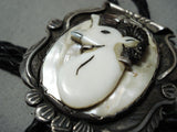 Highly Detailed Vintage Native American Navajo Sterling Silver Ram Pearl Bolo Tie-Nativo Arts