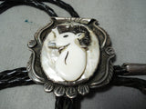 Highly Detailed Vintage Native American Navajo Sterling Silver Ram Pearl Bolo Tie-Nativo Arts