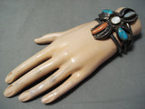 Huge Al Ggelvin Vintage Native American Navajo Morenci Turquoise Sterling Silver Leaf Bracelet-Nativo Arts