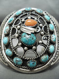 Huge Al Joe Vintage Native American Navajo Turquoise Coral Sterling Silver Bracelet Old-Nativo Arts