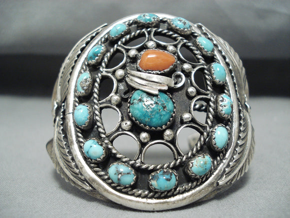 Huge Al Joe Vintage Native American Navajo Turquoise Coral Sterling Silver Bracelet Old-Nativo Arts