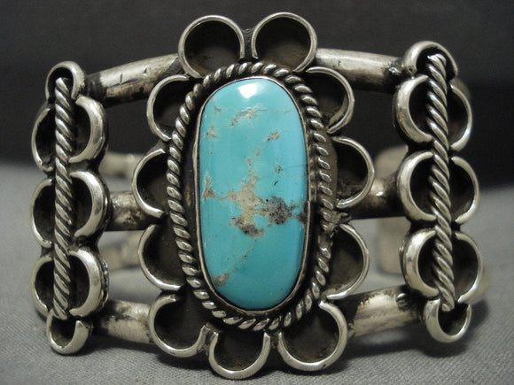 Huge And Hvy Vintage Navajo #8 Turquoise Native American Jewelry Silver Wave Bracelet-Nativo Arts