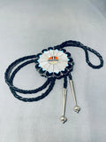 Huge Authentic Vintage Native American Zuni Turquoise Coral Sterling Silver Bolo Tie-Nativo Arts