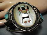 Huge Dancing Kachina Vintage Native American Navajo Turquoise Sterling Silver Bracelet-Nativo Arts