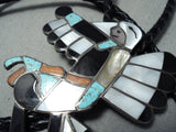 Huge Dancing Kachina Vintage Native American Zuni Turquoise Sterling Silver Coral Bolo Tie-Nativo Arts