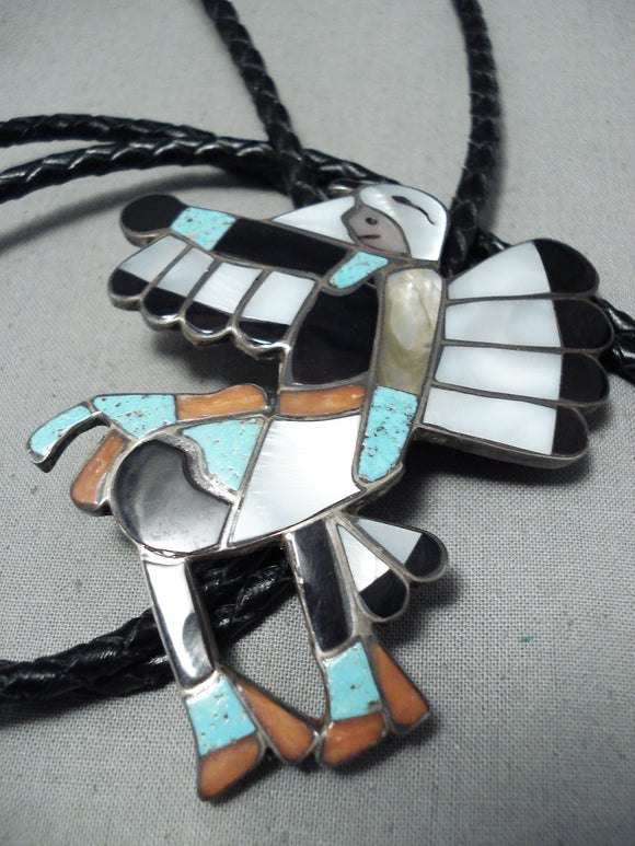 Huge Dancing Kachina Vintage Native American Zuni Turquoise Sterling Silver Coral Bolo Tie-Nativo Arts
