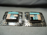 Huge Detailed Intricate Vintage Native American Navajo Turquoise Inlay Sterling Silver Earrings-Nativo Arts
