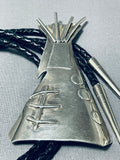 Huge Detailed Teepee Vintage Native American Navajo Sterling Silver Bolo Tie Old-Nativo Arts