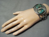 Huge Double Vintage Native American Navajo Green Spiderwbe Turquoise Sterling Silver Bracelet-Nativo Arts