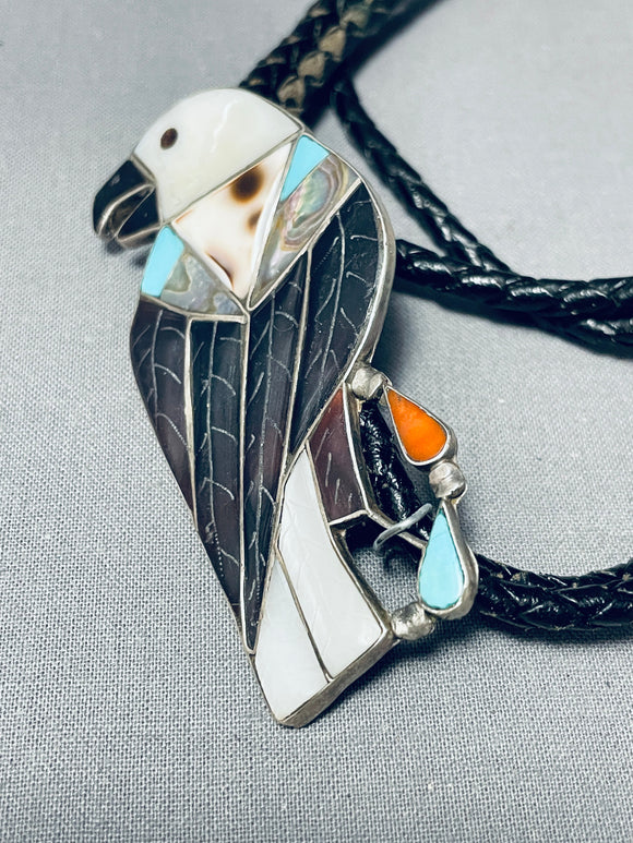 Huge Eagle Intricacy Vintage Native American Zuni Turquoise Sterling Silver Bolo Tie-Nativo Arts
