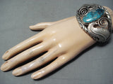 Huge Rare Vintage Native American Navajo Gilbert Turquoise Sterling Silver Leaf Bracelet-Nativo Arts