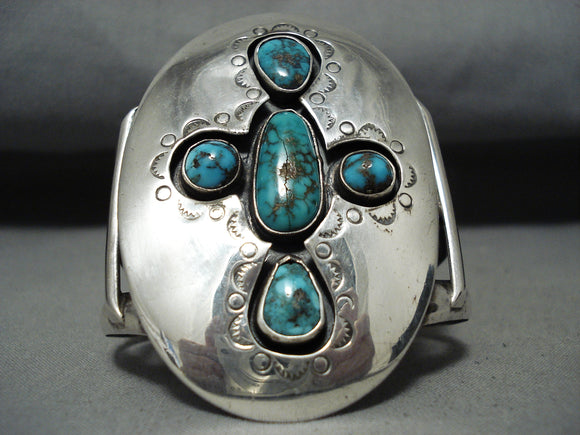 Huge Turquoise Cross Vintage Native American Navajo Sterling Silver Bracelet Old-Nativo Arts