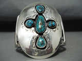 Huge Turquoise Cross Vintage Native American Navajo Sterling Silver Bracelet Old-Nativo Arts