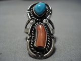 Huge Vintage Native American Jewelry Navajo Deep Blue Turquoise Coral Sterling Silver Ring Old-Nativo Arts