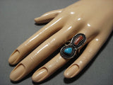 Huge Vintage Native American Jewelry Navajo Deep Blue Turquoise Coral Sterling Silver Ring Old-Nativo Arts