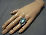 Huge Vintage Native American Jewelry Navajo Green Turquoise Flower Sterling Silver Ring Old-Nativo Arts