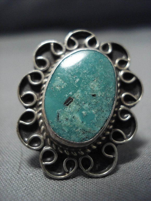 Huge Vintage Native American Jewelry Navajo Green Turquoise Flower Sterling Silver Ring Old-Nativo Arts