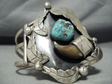 Huge Vintage Native American Navajo Bear Turquoise Sterling Silver Leaf Bracelet Old-Nativo Arts