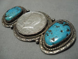 Huge!! Vintage Native American Navajo Blue Wind Turquoise Sterling Silver Pin Old-Nativo Arts