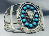Huge Vintage Native American Navajo Buffalo Head Sterling Silver Turquoise Bracelet-Nativo Arts