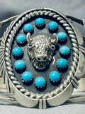 Huge Vintage Native American Navajo Buffalo Head Sterling Silver Turquoise Bracelet-Nativo Arts