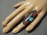 Huge Vintage Native American Navajo Turquoise Coral Sterling Silver Leaf Ring Old-Nativo Arts