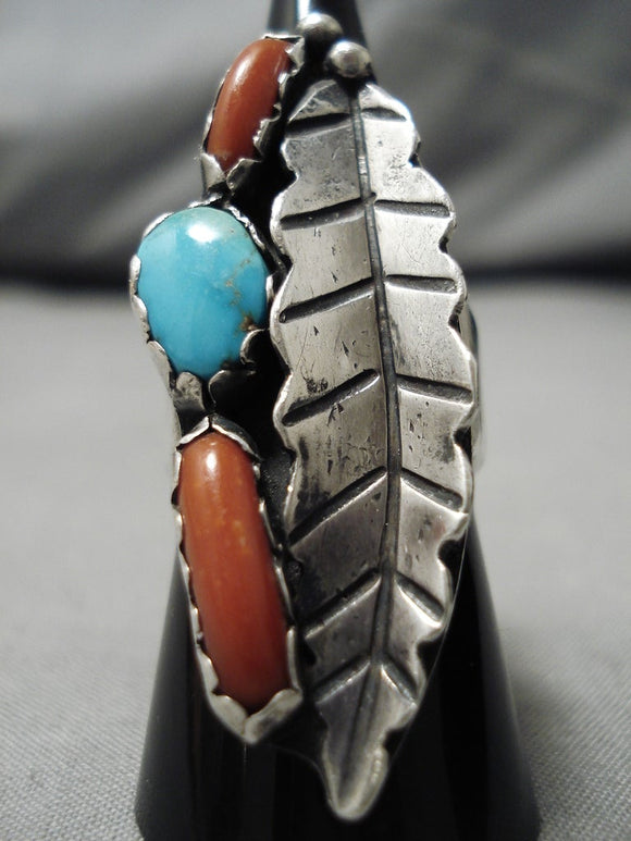 Huge Vintage Native American Navajo Turquoise Coral Sterling Silver Leaf Ring Old-Nativo Arts