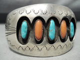 Huge Vintage Native American Navajo Turquoise Long Coral Sterling Silver Bracelet Old-Nativo Arts