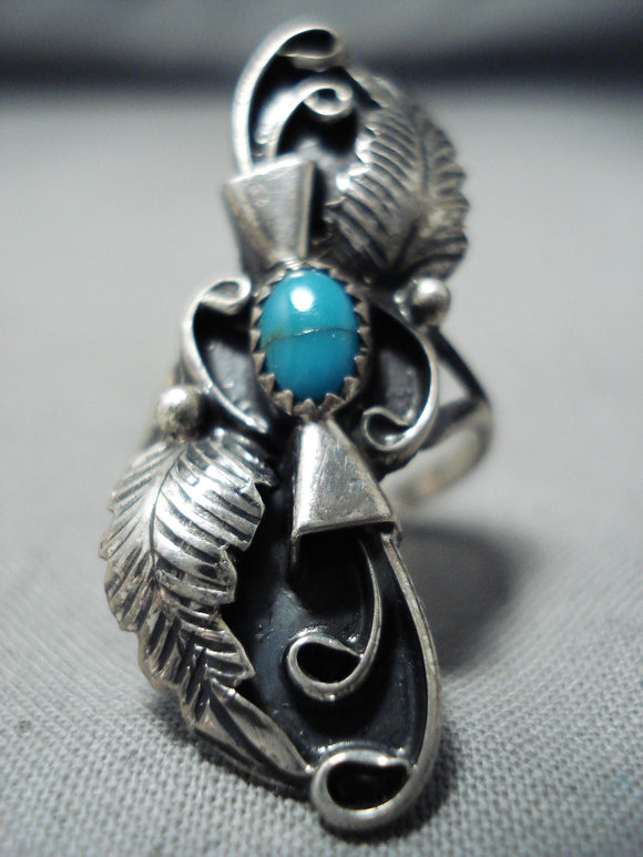 Huge Vintage Native American Navajo Turquoise Sterling Silver Leaf Ring-Nativo Arts