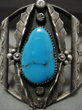 Huge Vintage Navajo Blue Carico Lake Turquoise Native American Jewelry Silver Leaf Bracelet-Nativo Arts