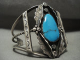 Huge Vintage Navajo Blue Carico Lake Turquoise Native American Jewelry Silver Leaf Bracelet-Nativo Arts