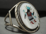 Huge Vintage Navajo Dancing Kachina Turquoise Coral Native American Jewelry Silver Bracelet Old-Nativo Arts