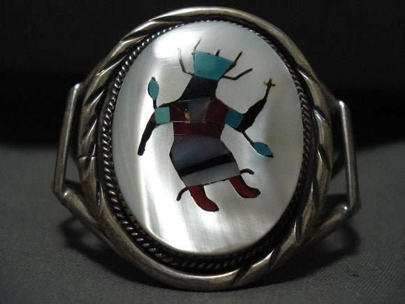 Huge Vintage Navajo Dancing Kachina Turquoise Coral Native American Jewelry Silver Bracelet Old-Nativo Arts
