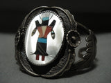 Huge Vintage Navajo 'Dancing Kachina' Turquoise Native American Jewelry Silver Patina Bracelet-Nativo Arts